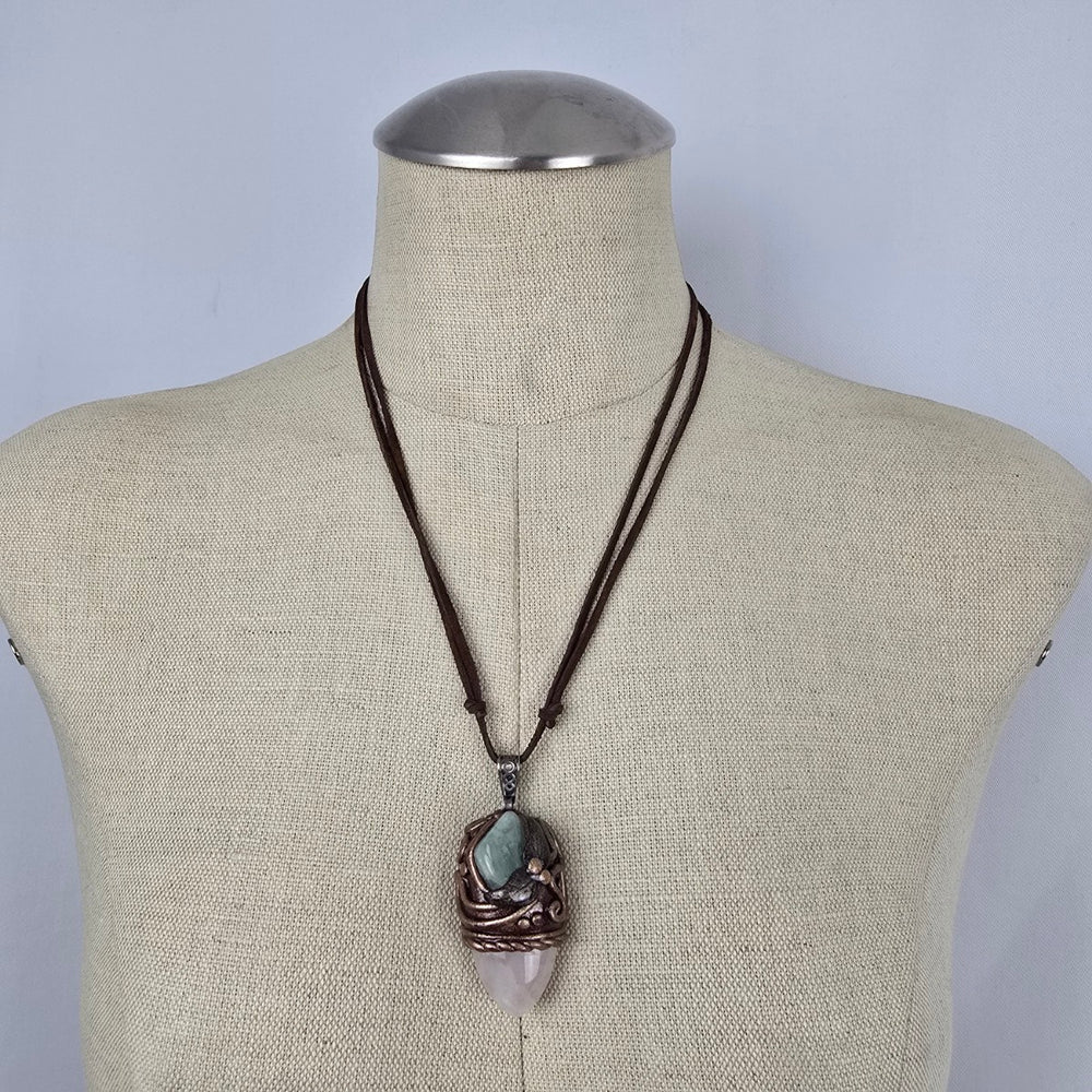 Artisan Rose Quartz Crystal Pendant Necklace Green Stone Brown Cord