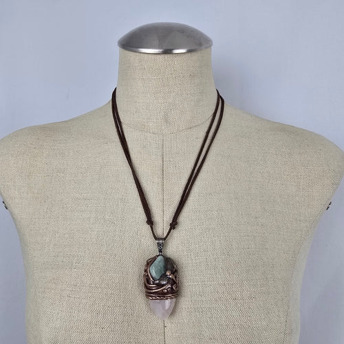 Artisan Rose Quartz Crystal Pendant Necklace Green Stone Brown Cord