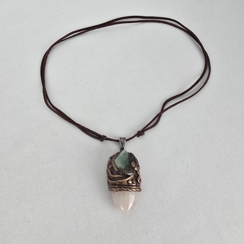 Artisan Rose Quartz Crystal Pendant Necklace Green Stone Brown Cord