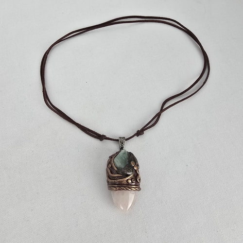 Artisan Rose Quartz Crystal Pendant Necklace Green Stone Brown Cord