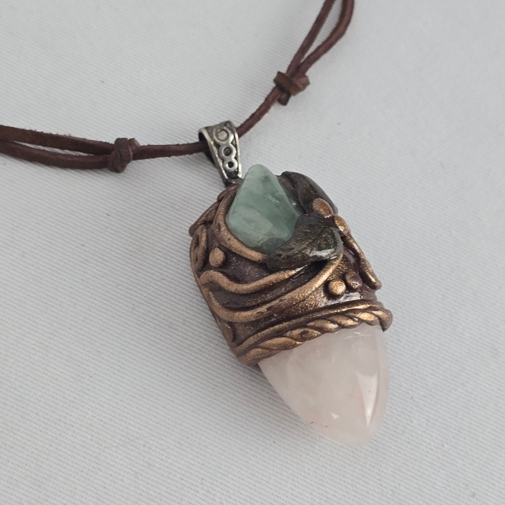 Artisan Rose Quartz Crystal Pendant Necklace Green Stone Brown Cord