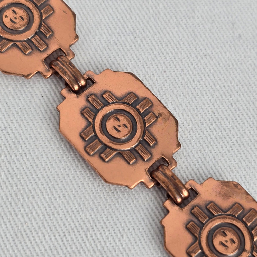 Vintage Southwest Copper Sun Face Link Bracelet