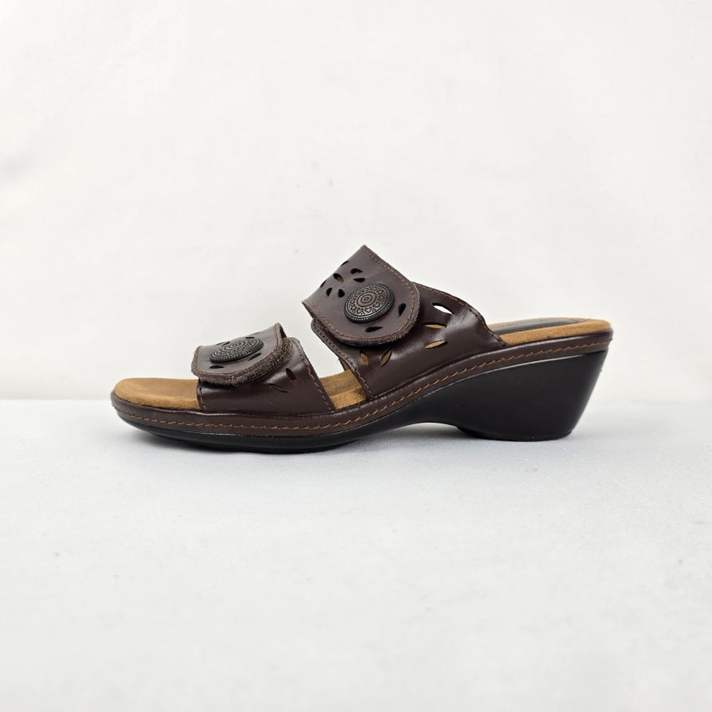 Thom McAn Wendy Brown Leather Comfort Wedge Sandals Size 8.5