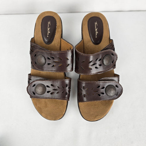 Thom McAn Wendy Brown Leather Comfort Wedge Sandals Size 8.5