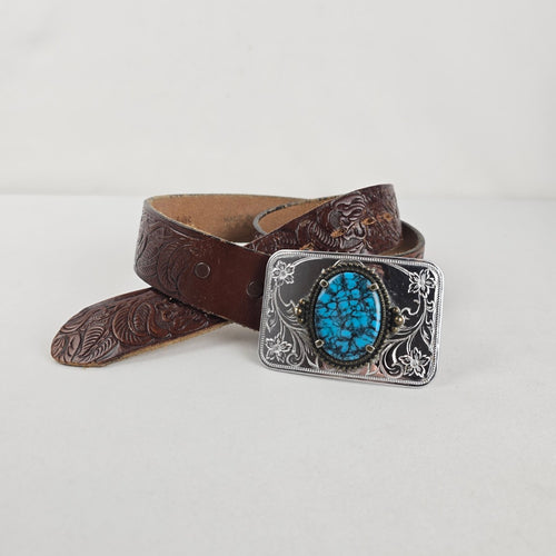 Justin Brown Leather Western Belt Turquoise Buckle Size 34 Made in USA