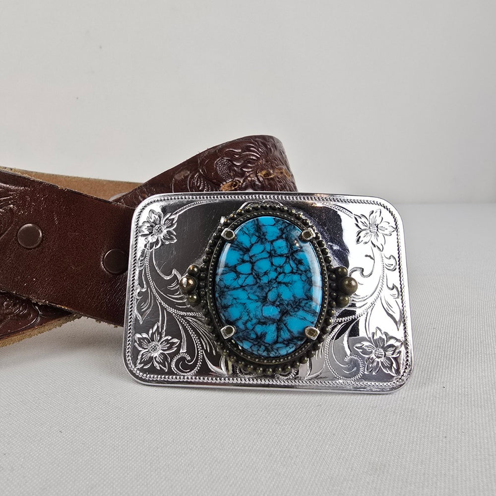 Justin Brown Leather Western Belt Turquoise Buckle Size 34 Made in USA