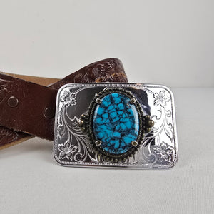 Justin Brown Leather Western Belt Turquoise Buckle Size 34 Made in USA