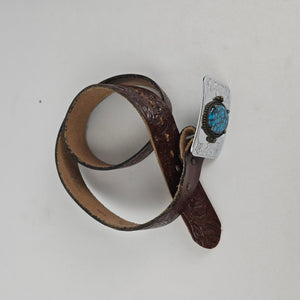 Justin Brown Leather Western Belt Turquoise Buckle Size 34 Made in USA
