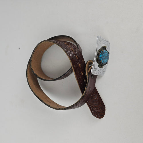 Justin Brown Leather Western Belt Turquoise Buckle Size 34 Made in USA
