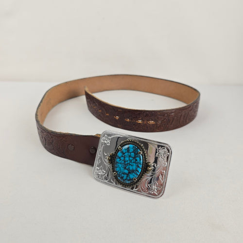 Justin Brown Leather Western Belt Turquoise Buckle Size 34 Made in USA