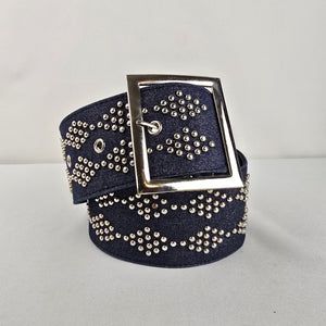 Wide Studded Denim Belt with Wide Statement Silver Buckle Size M