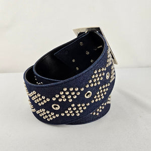 Wide Studded Denim Belt with Wide Statement Silver Buckle Size M