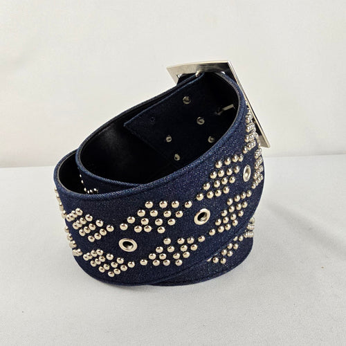 Wide Studded Denim Belt with Wide Statement Silver Buckle Size M