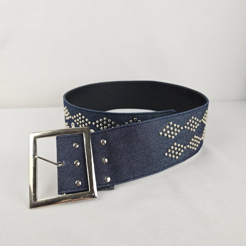 Wide Studded Denim Belt with Wide Statement Silver Buckle Size M