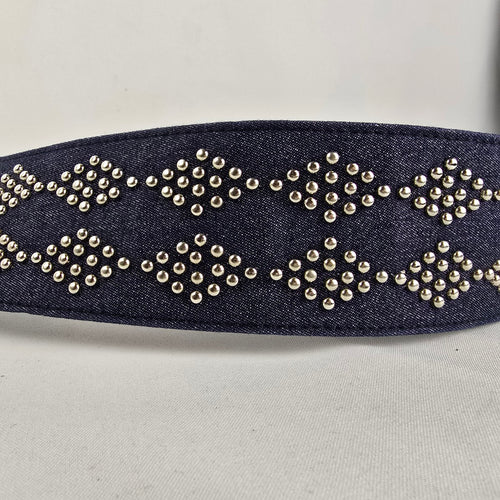 Wide Studded Denim Belt with Wide Statement Silver Buckle Size M