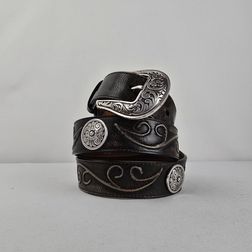 Nocona Belt Co Western Leather Belt Brown Tooled Concho Engraved Buckle L/XL