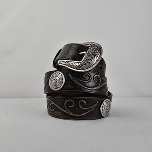 Nocona Belt Co Western Leather Belt Brown Tooled Concho Engraved Buckle L/XL