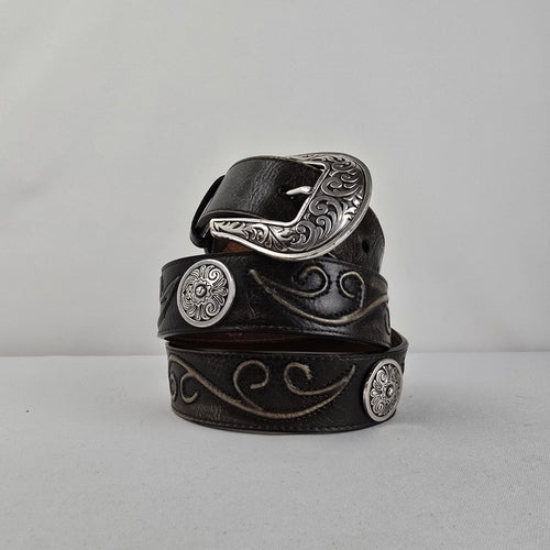 Nocona Belt Co Western Leather Belt Brown Tooled Concho Engraved Buckle L/XL