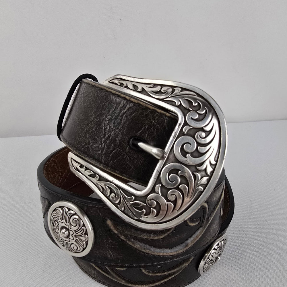 Nocona Belt Co Western Leather Belt Brown Tooled Concho Engraved Buckle L/XL
