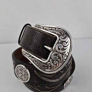 Nocona Belt Co Western Leather Belt Brown Tooled Concho Engraved Buckle L/XL