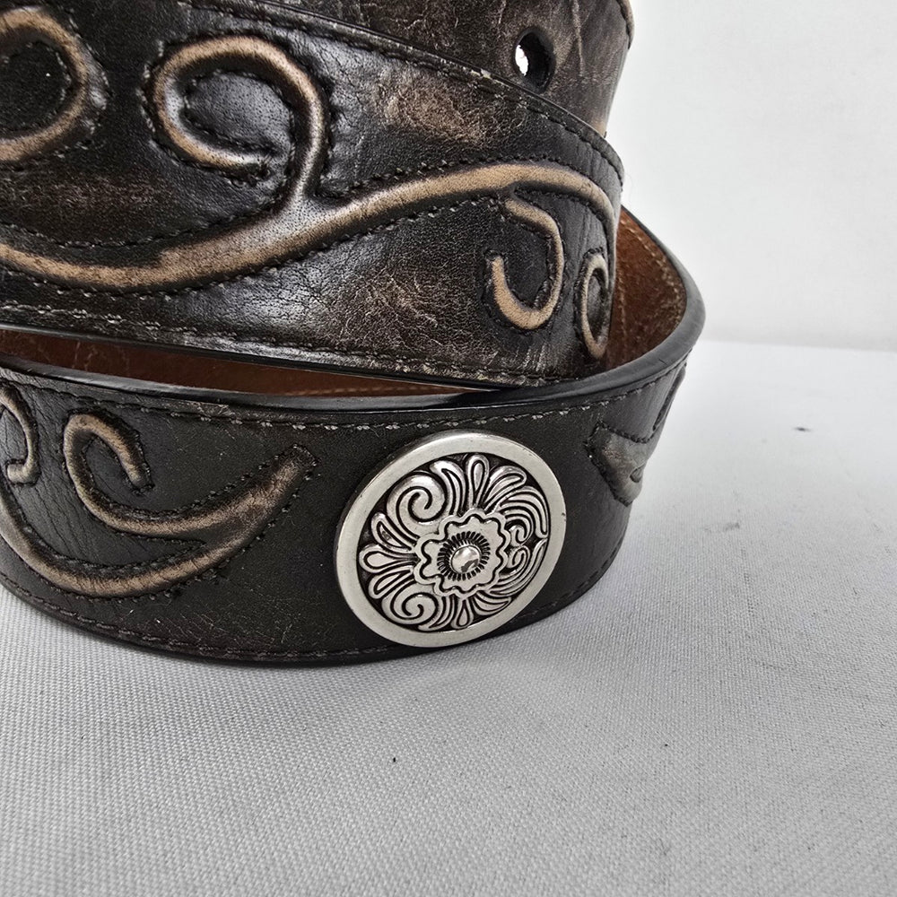 Nocona Belt Co Western Leather Belt Brown Tooled Concho Engraved Buckle L/XL