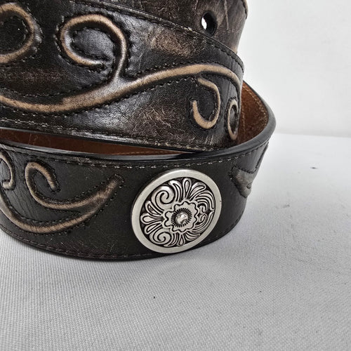 Nocona Belt Co Western Leather Belt Brown Tooled Concho Engraved Buckle L/XL