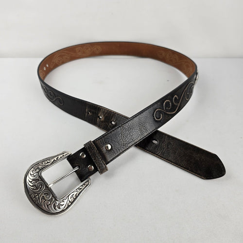 Nocona Belt Co Western Leather Belt Brown Tooled Concho Engraved Buckle L/XL