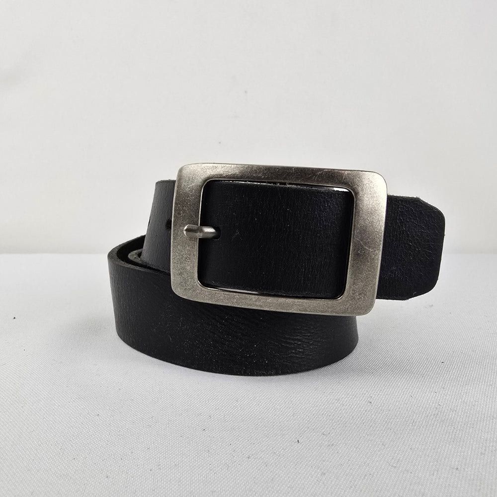 Genuine Leather Black Belt Brushed Silver Buckle Size S/M