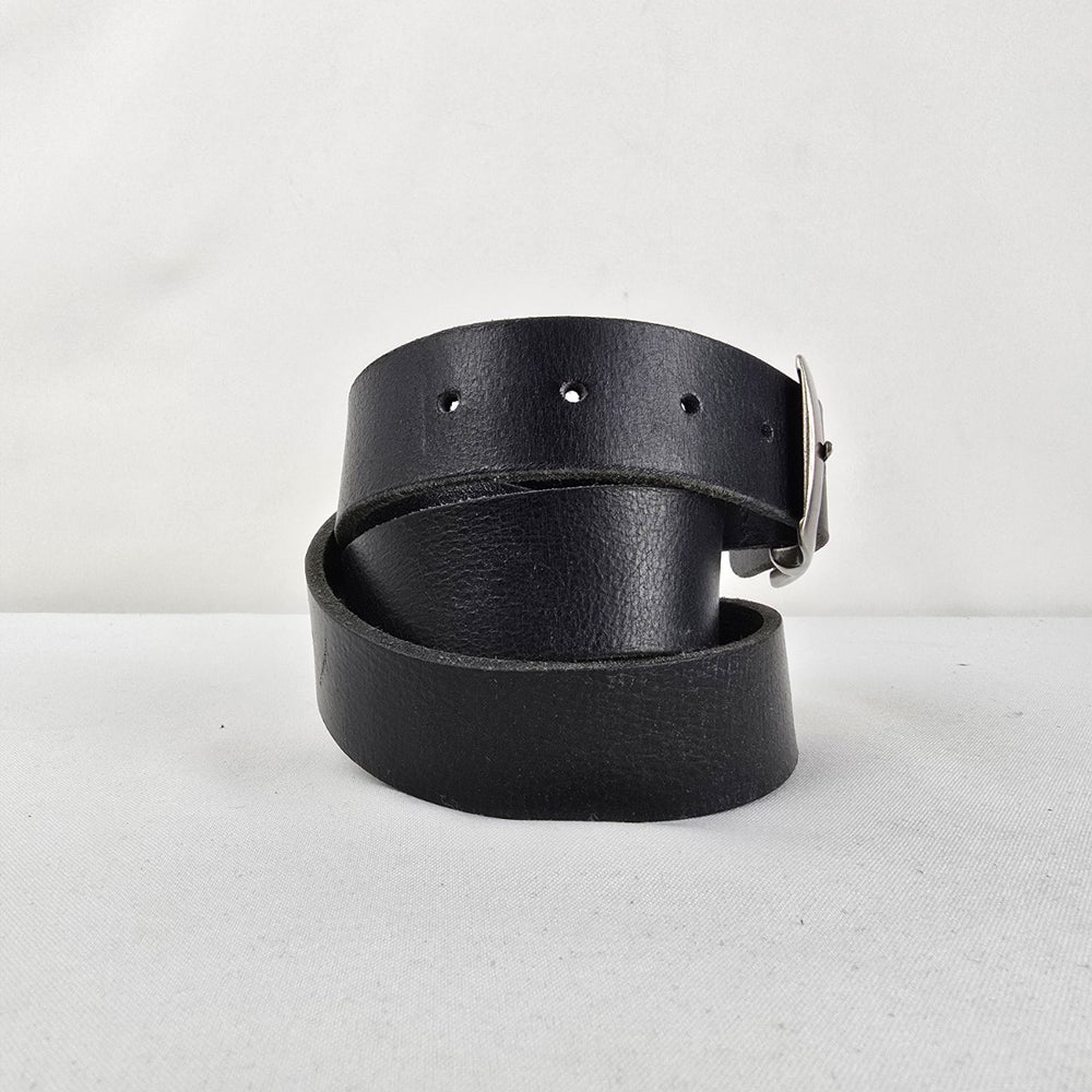 Genuine Leather Black Belt Brushed Silver Buckle Size S/M