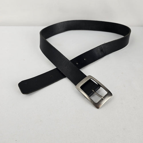 Genuine Leather Black Belt Brushed Silver Buckle Size S/M