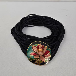 Vintage Cloisonné Lotus Pendant Multi-Strand Cord Belt Size S