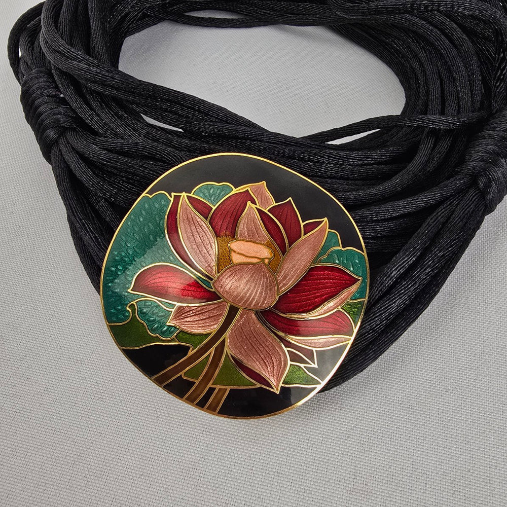 Vintage Cloisonné Lotus Pendant Multi-Strand Cord Belt Size S
