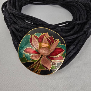 Vintage Cloisonné Lotus Pendant Multi-Strand Cord Belt Size S