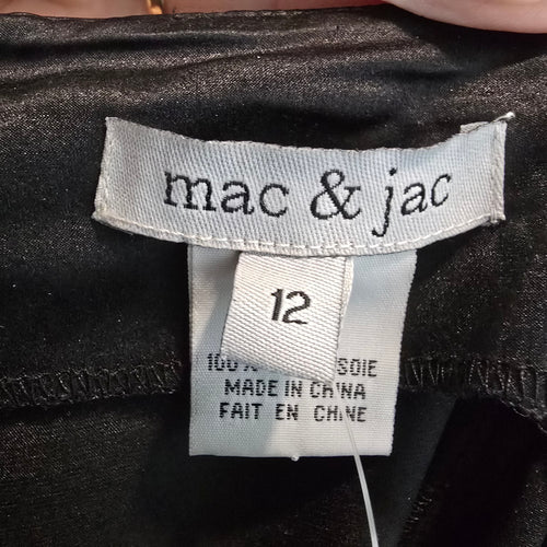 Mac & Jac Black Satin Midi Cocktail Dress Floral Appliqué Ruffle Hem Size 12