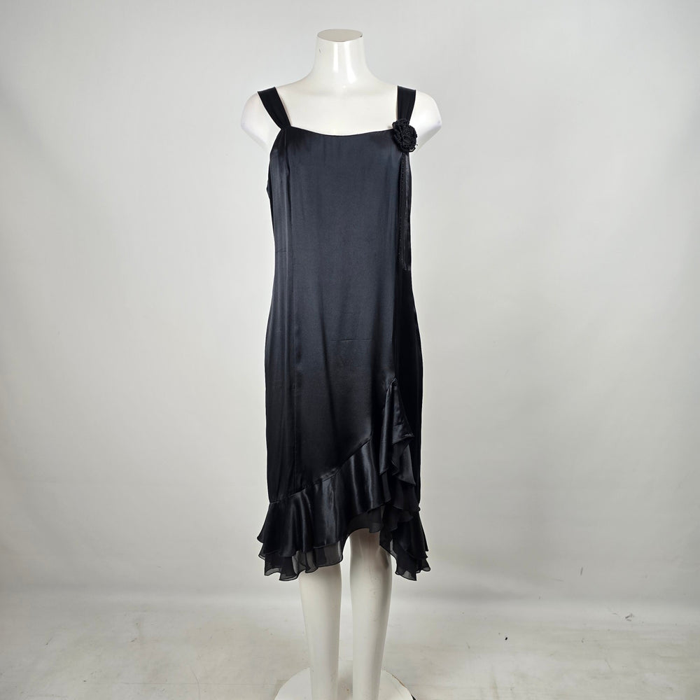Mac & Jac Black Satin Midi Cocktail Dress Floral Appliqué Ruffle Hem Size 12