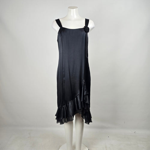 Mac & Jac Black Satin Midi Cocktail Dress Floral Appliqué Ruffle Hem Size 12