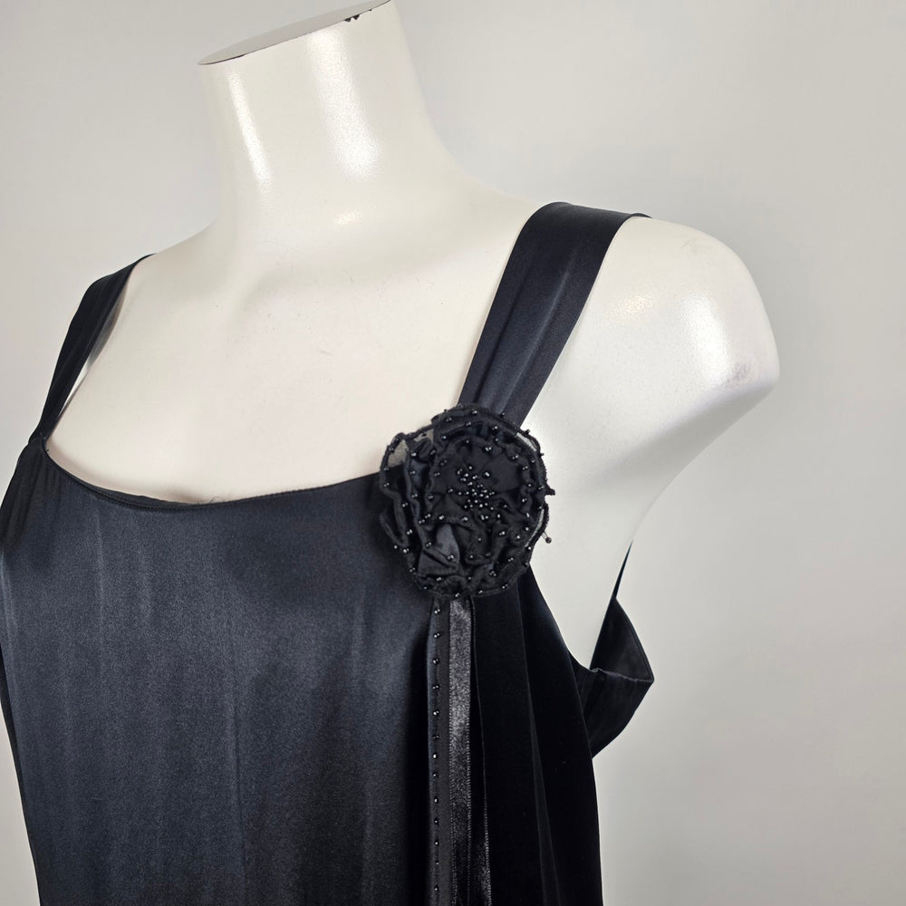 Mac & Jac Black Satin Midi Cocktail Dress Floral Appliqué Ruffle Hem Size 12