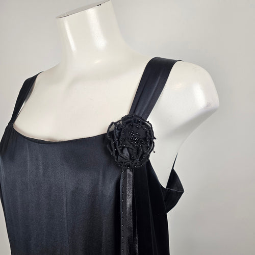 Mac & Jac Black Satin Midi Cocktail Dress Floral Appliqué Ruffle Hem Size 12