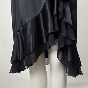 Mac & Jac Black Satin Midi Cocktail Dress Floral Appliqué Ruffle Hem Size 12