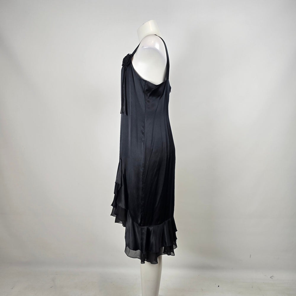 Mac & Jac Black Satin Midi Cocktail Dress Floral Appliqué Ruffle Hem Size 12