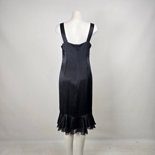 Mac & Jac Black Satin Midi Cocktail Dress Floral Appliqué Ruffle Hem Size 12