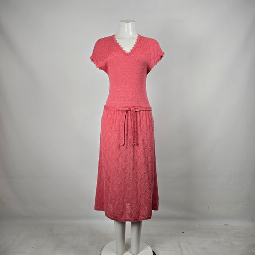 Vintage Lady Anne Pink Knit Midi Dress Belted Pointelle Size M