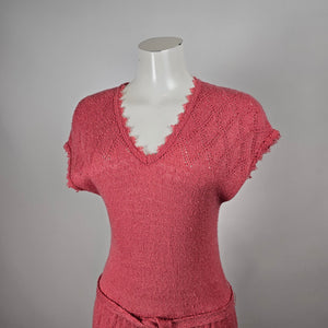 Vintage Lady Anne Pink Knit Midi Dress Belted Pointelle Size M