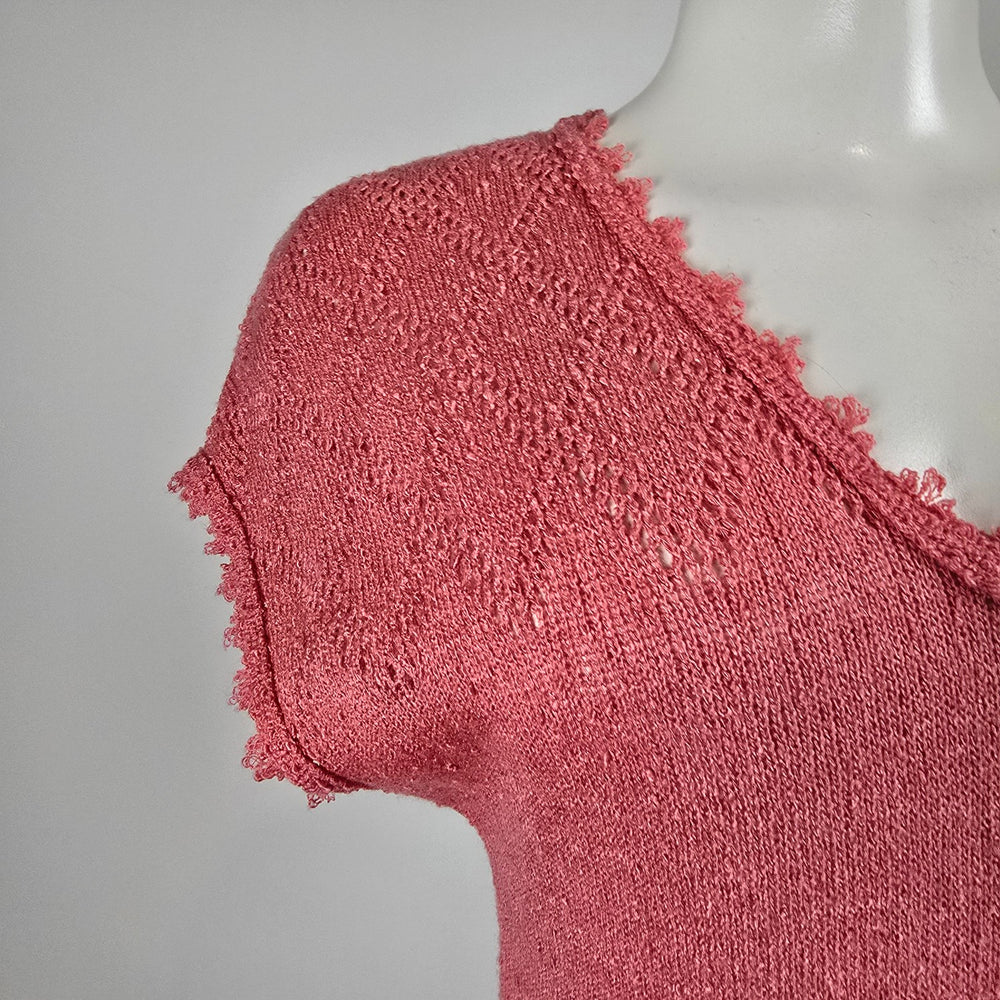Vintage Lady Anne Pink Knit Midi Dress Belted Pointelle Size M