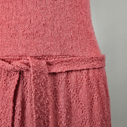 Vintage Lady Anne Pink Knit Midi Dress Belted Pointelle Size M