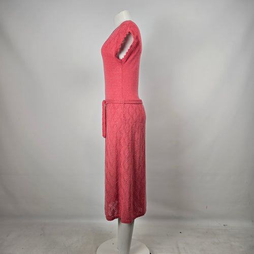 Vintage Lady Anne Pink Knit Midi Dress Belted Pointelle Size M