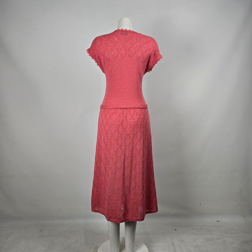 Vintage Lady Anne Pink Knit Midi Dress Belted Pointelle Size M