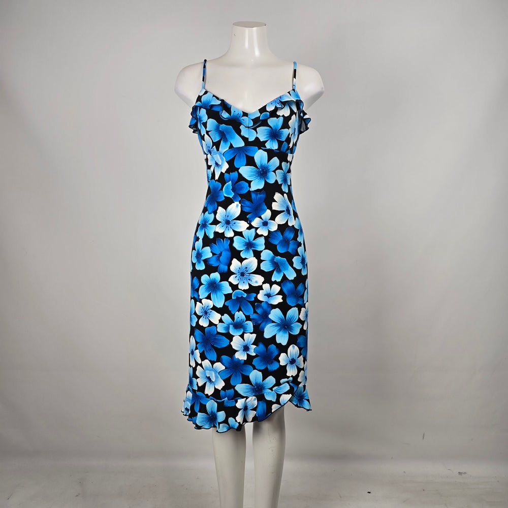 Vintage Y2K La Belle Blue Floral Midi Spaghetti Strap Ruffle Dress Size M