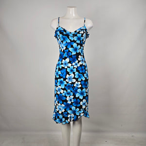 Vintage Y2K La Belle Blue Floral Midi Spaghetti Strap Ruffle Dress Size M