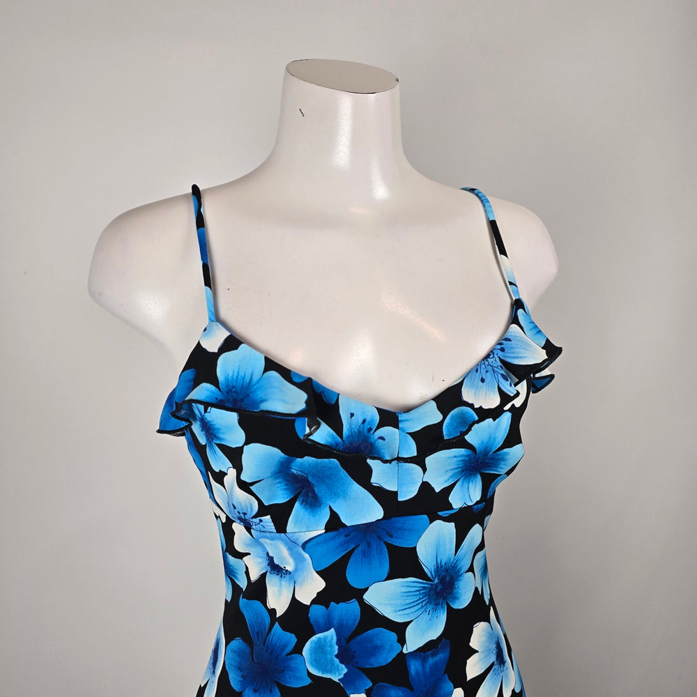 Vintage Y2K La Belle Blue Floral Midi Spaghetti Strap Ruffle Dress Size M